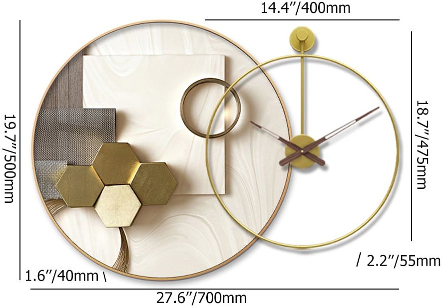 HMR - Modern Gold Round Wall Clock Canvas Painting Decor Art with Wood Pointer Aluminium Frame