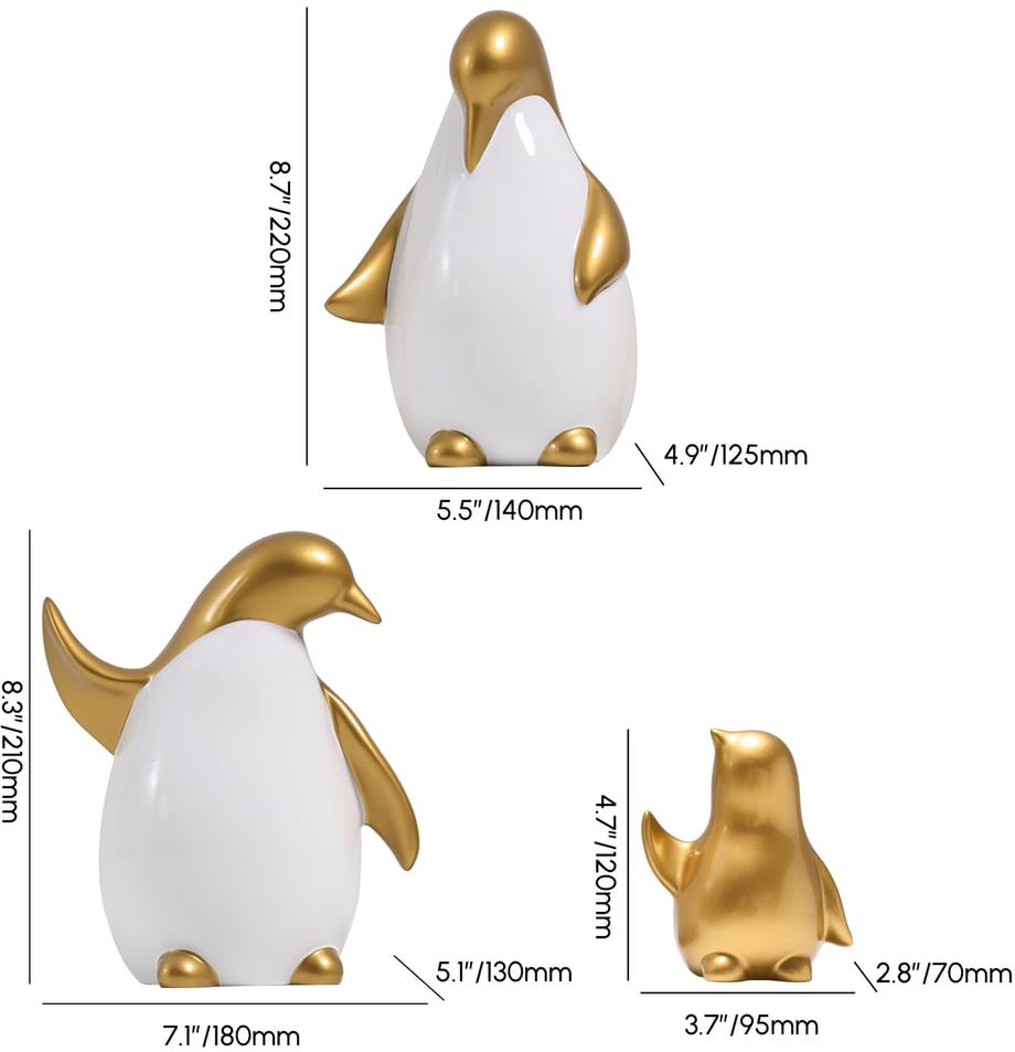 HMR - Modern Desktop White & Gold Penguins Set of 3