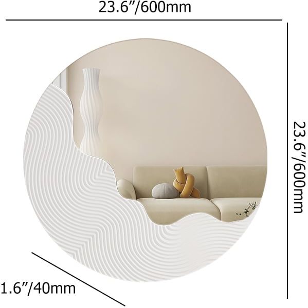 HMR - 23.6" Round White Japandi Wave Textured Wall Mirror Decor Art Living Room Bedroom