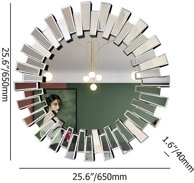 HMR - 25.6" Modern Silver Round Sun Wall Mirror Decor Art with Geometric Frame Living Room