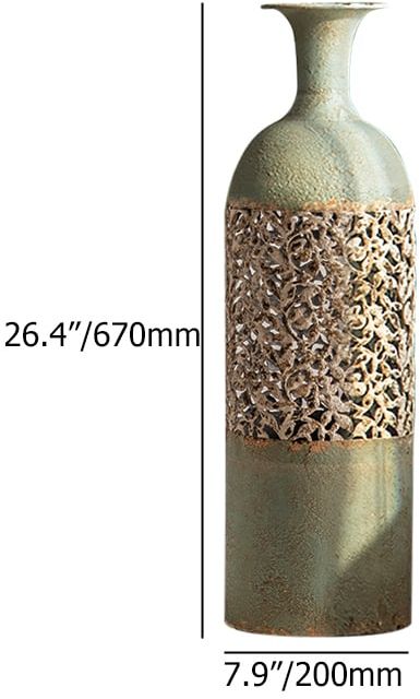 HMR French Country Large Metal Floor Vase Tall Home Geometric Decor Art - Green & White, 7.9"W x 7.9"D x 26.4"H