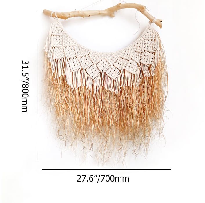 HMR - Large Handmade Boho Woven Raffia Wood Tapestry Natural Cotton Macrame Wall Hanging