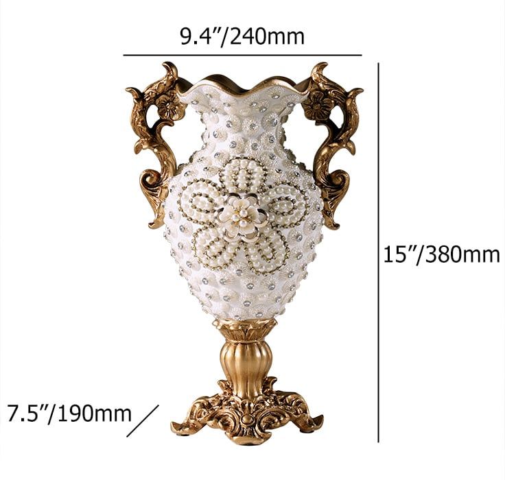 HMR - Shinely 15" European Retro White & Gold Resin Large Flower Vase Decor Art Living Room