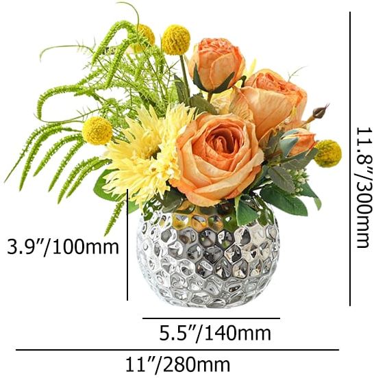 HMR - Orange Artificial Flower Arrangement in Silver Vase Table Centerpiece Fake Flower