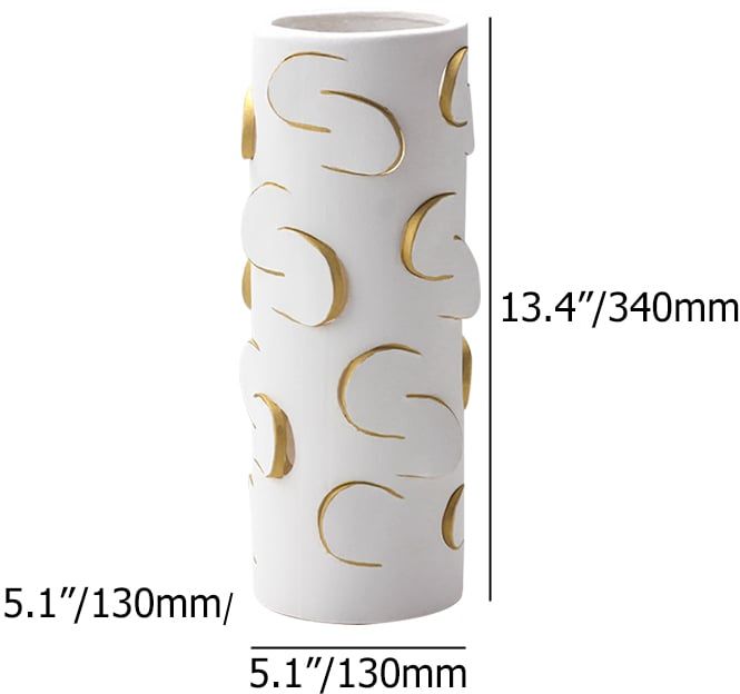 HMR - 13.4" White & Gold Resin Cylinder Flower Vase Modern Decor Art Living Room Bedroom