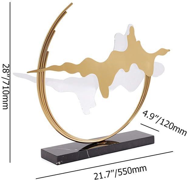 HMR - Geometric Abstract Gold Metal & Acrylic Wave Sculpture Art Decor with Black Marble Base