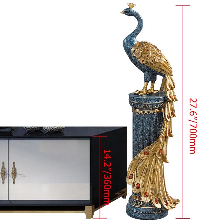 HMR 27.6" Large Glam Peacock Floor Sculpture Decor Art Living Room Bedroom - Blue & Gold