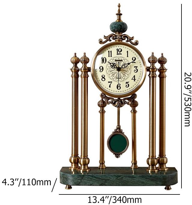 HMR - Traditional Metal Bronze Round Mantel & Table Top Clock with Pendulum Green Marble Base