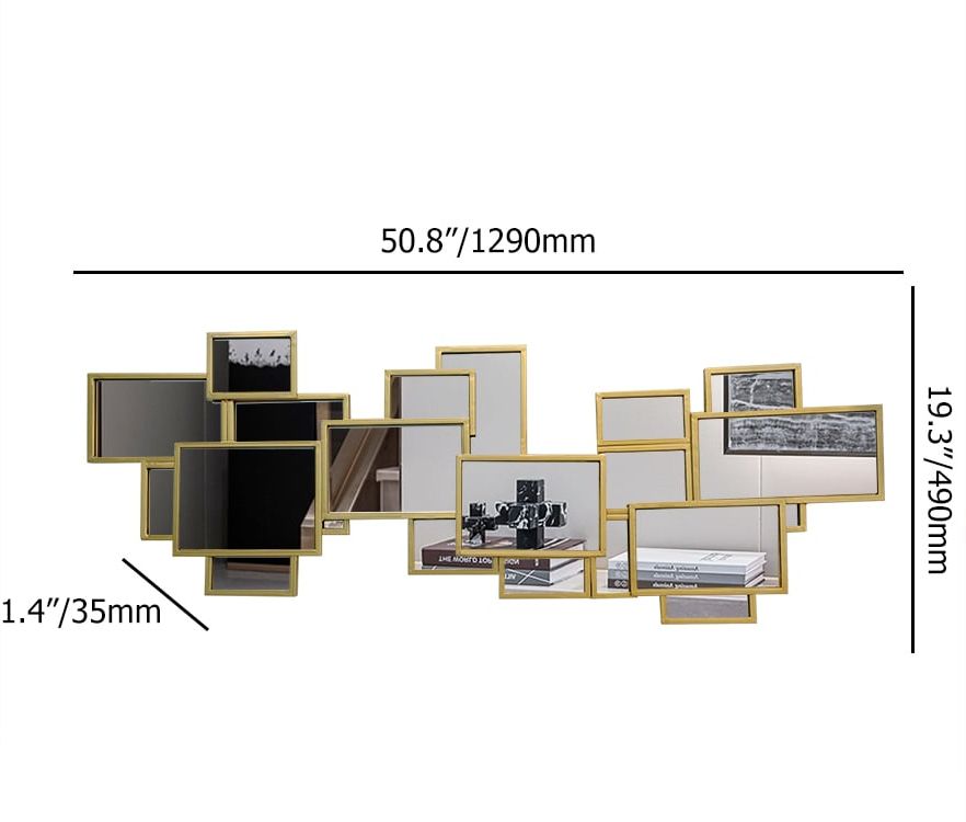 HMR - 50.8" x 19.3" Modern Square & Rectangle 3D Panel Wall Mirror Decor Art with Gold Frame