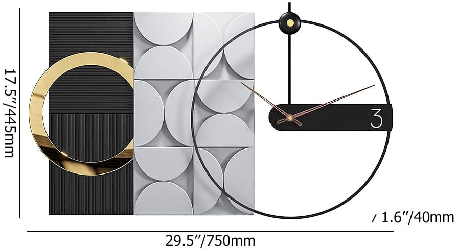 HMR - 30" Large Metal Geometric Wall Clock with Wood Pointer Modern Home Decor Black & Gray