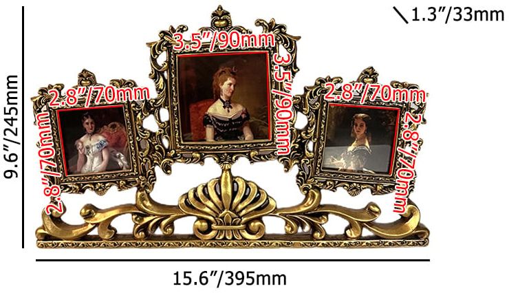 HMR - Vintage Gold Resin Carved Desktop Photo Frame Collage 3 Pictures Glass Window Frame