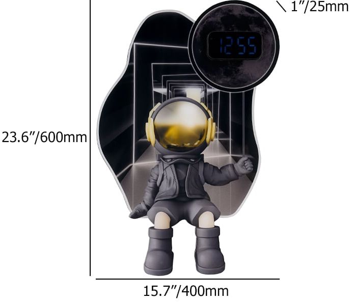 HMR - 23.6" LED Digital Astronaut Wall Clock Spaceman Decor Art Living Room Bedroom in Black