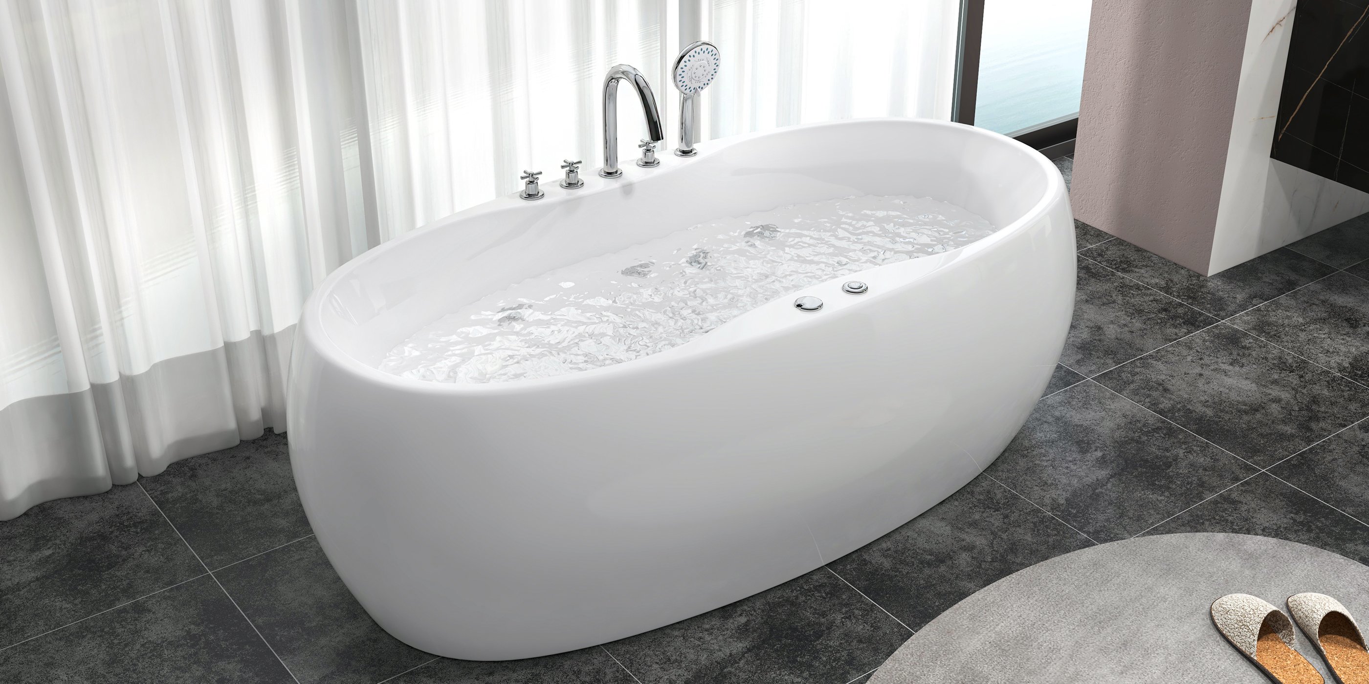 HMR - Acrylic Oval Whirlpool Water Massage in 71"L, White