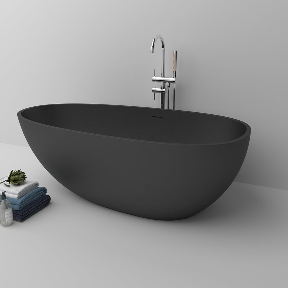 HMR - 59.05" Oval Freestanding Stone Soaking Bathtub Black 71.6-Gallon Capacity