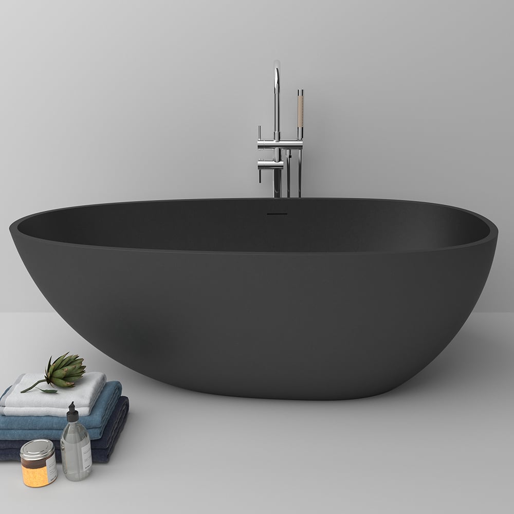 HMR - 59.05" Oval Freestanding Stone Soaking Bathtub Black 71.6-Gallon Capacity