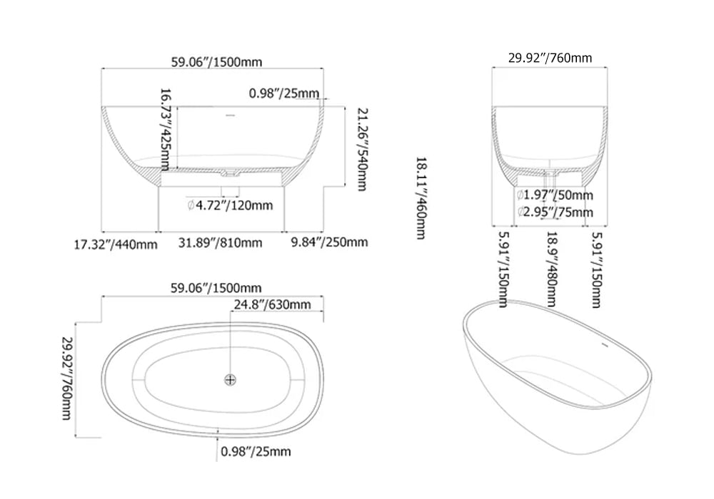 HMR - 59.05" Oval Freestanding Stone Soaking Bathtub Black 71.6-Gallon Capacity
