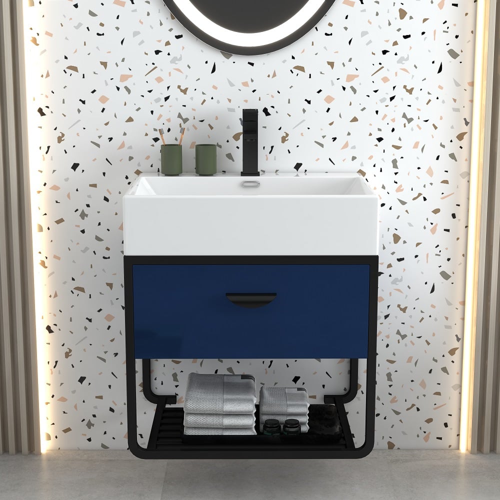 HMR - 23.6" Floating Bathroom Vanity with Single Ceramic Sink 1 Drawer and 1 Shelf in Blue