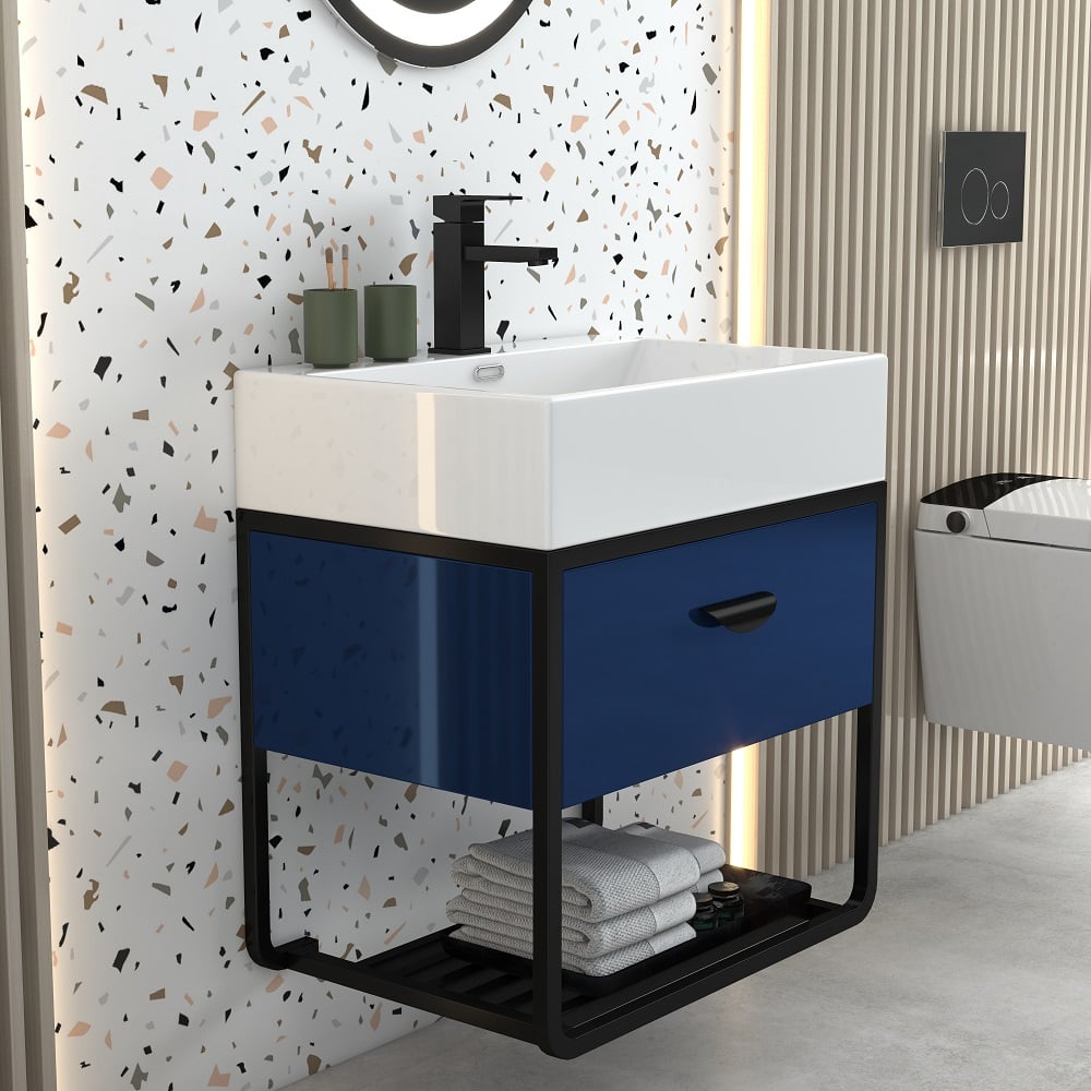HMR - 23.6" Floating Bathroom Vanity with Single Ceramic Sink 1 Drawer and 1 Shelf in Blue