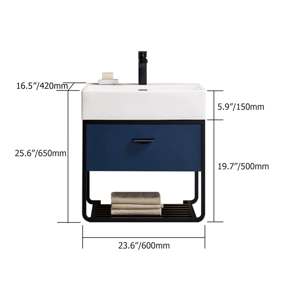 HMR - 23.6" Floating Bathroom Vanity with Single Ceramic Sink 1 Drawer and 1 Shelf in Blue