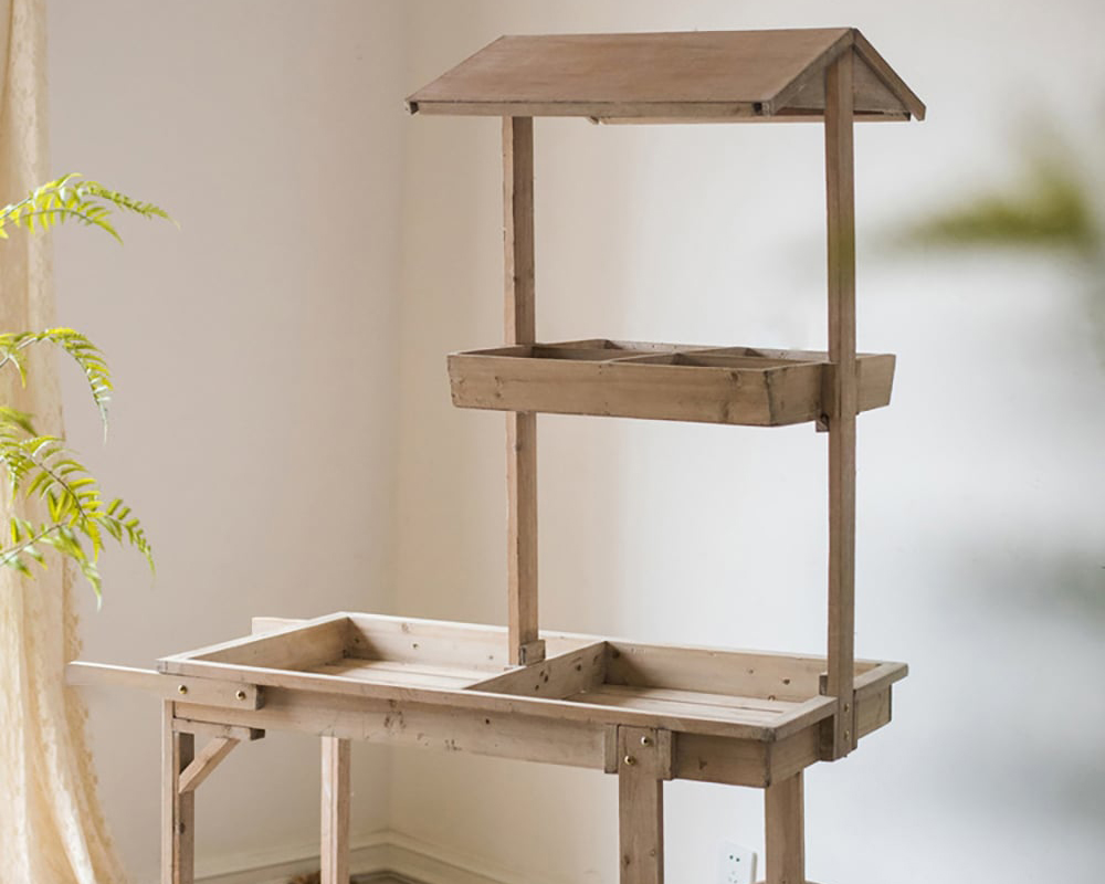HMR - Solid Wood Garden Cart Display Bench in Natural