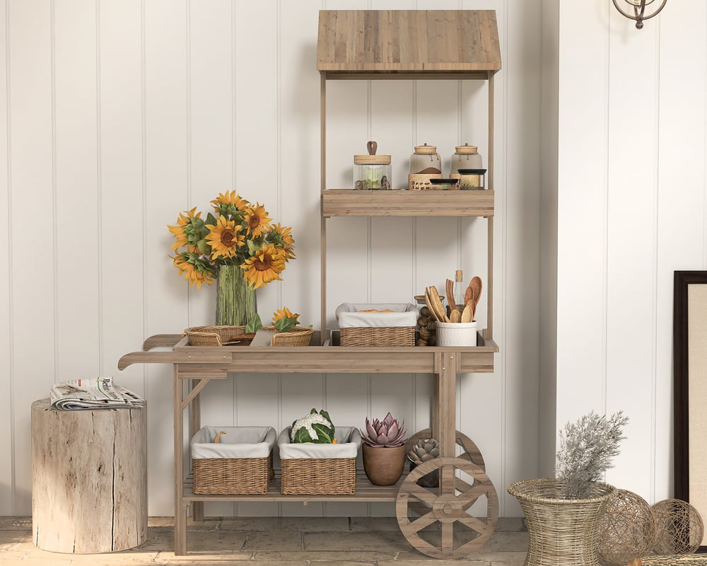HMR - Solid Wood Garden Cart Display Bench in Natural