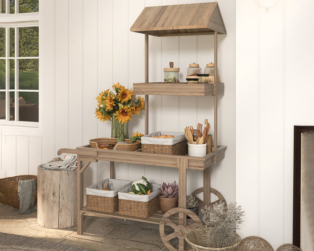 HMR - Solid Wood Garden Cart Display Bench in Natural