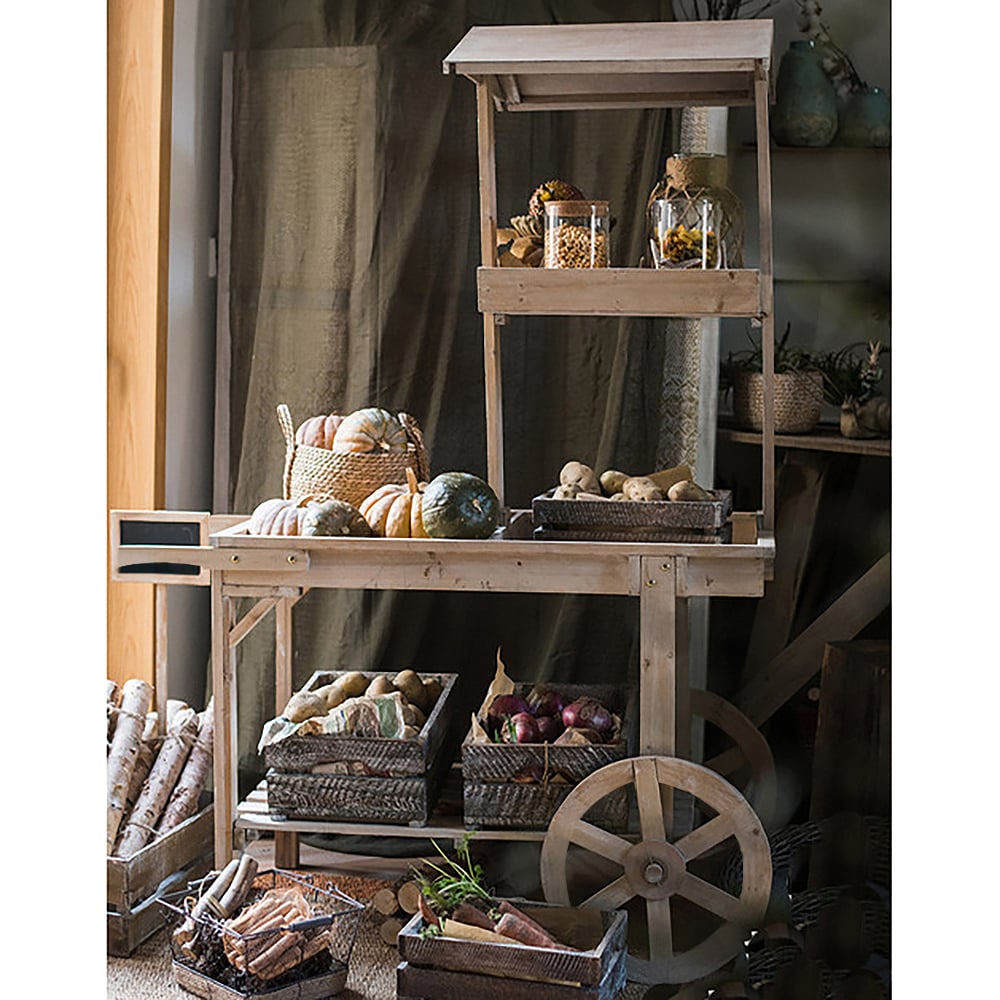 HMR - Solid Wood Garden Cart Display Bench in Natural