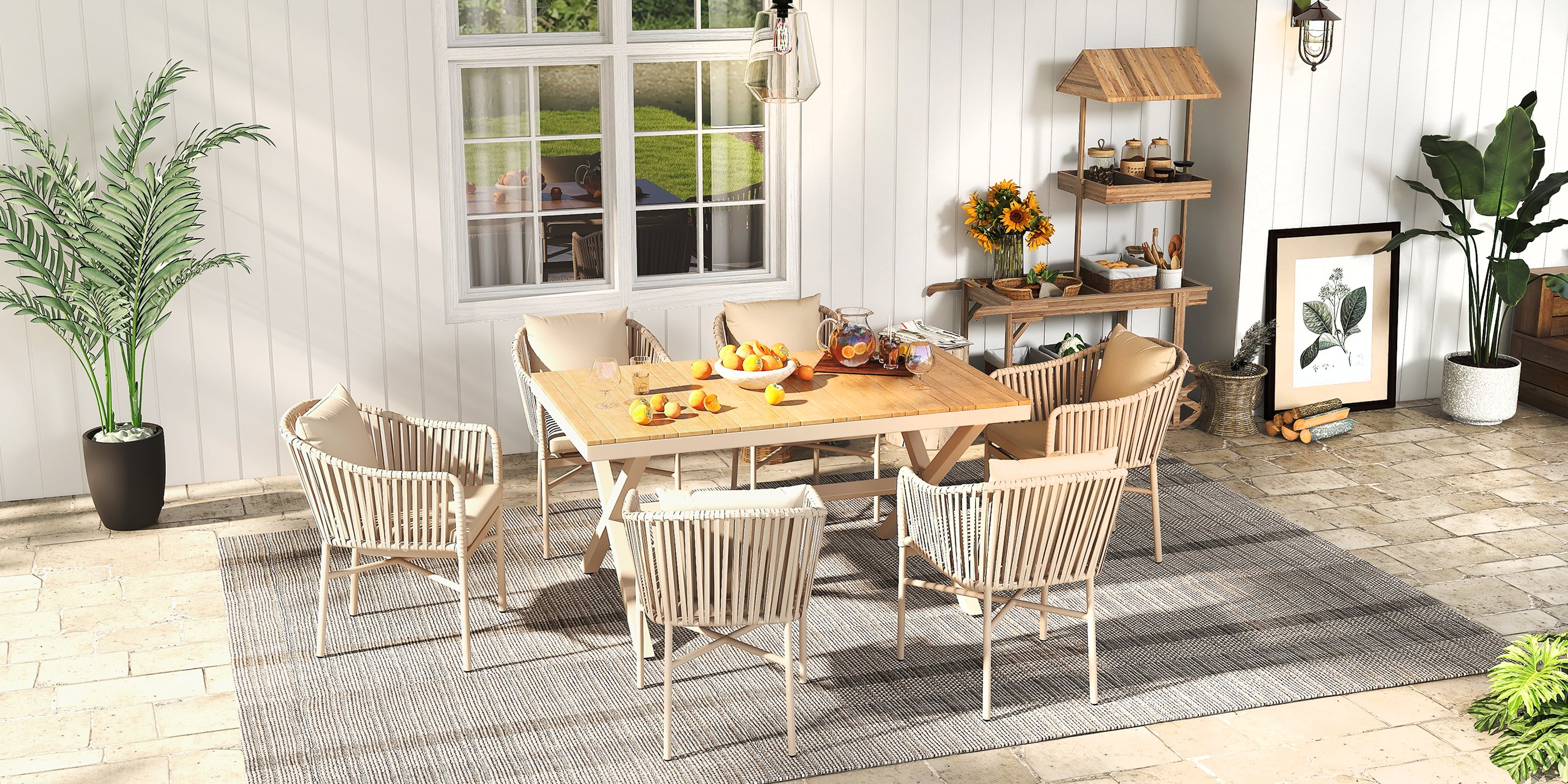 HMR - Solid Wood Garden Cart Display Bench in Natural