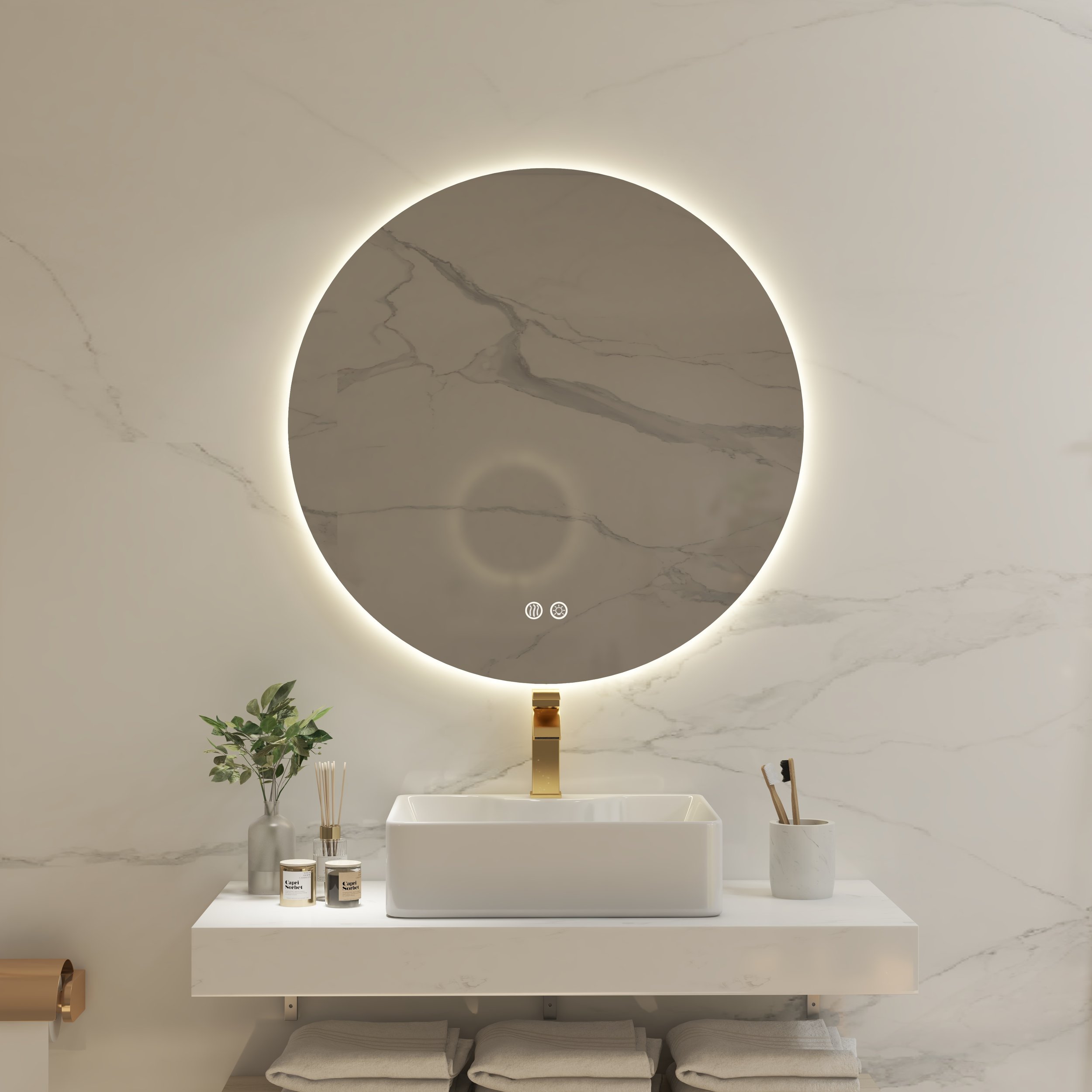 HMR - 24" Frameless Round LED Bathroom Vanity Mirror Acrylic Anti-Fog Wall Mirror