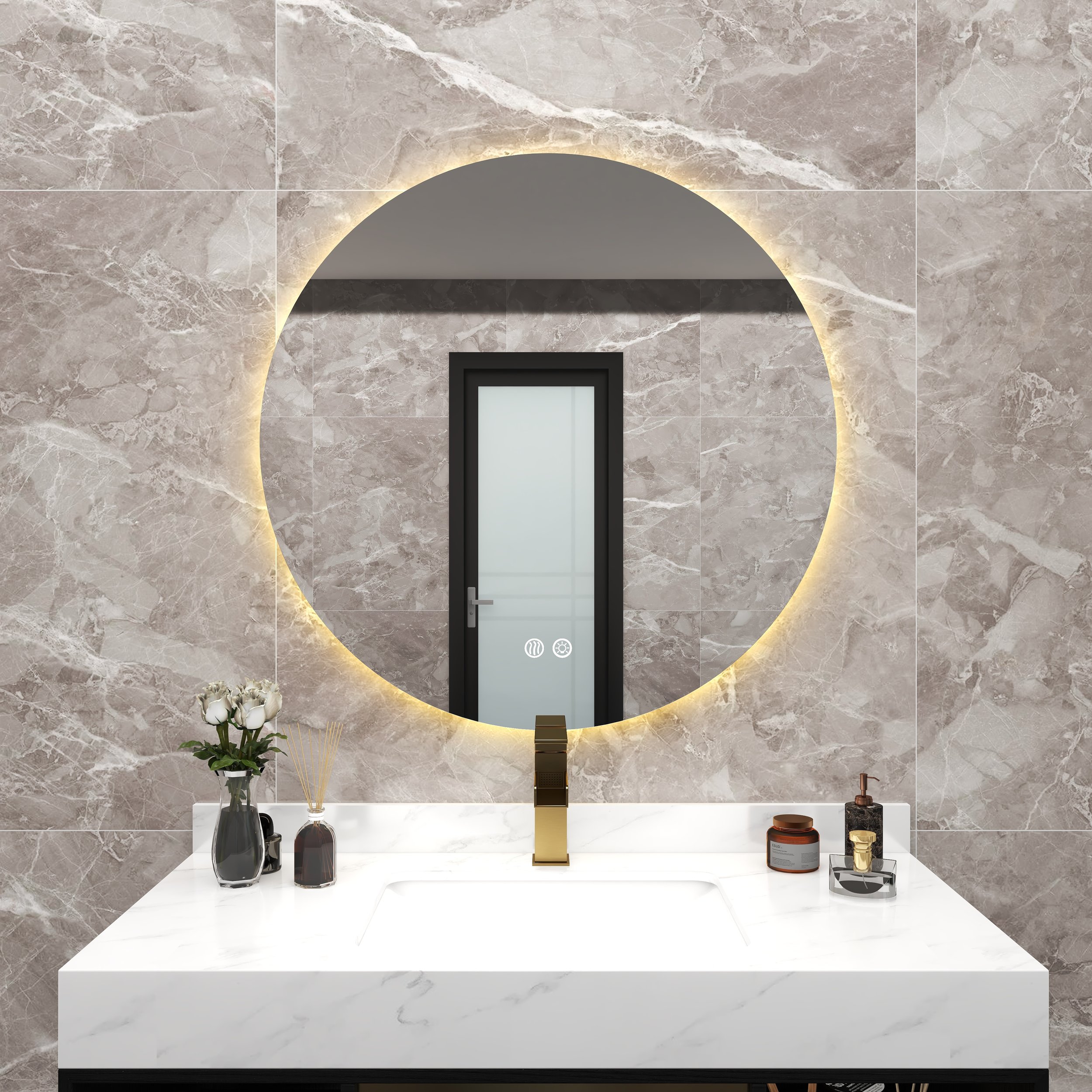 HMR - 24" Frameless Round LED Bathroom Vanity Mirror Acrylic Anti-Fog Wall Mirror