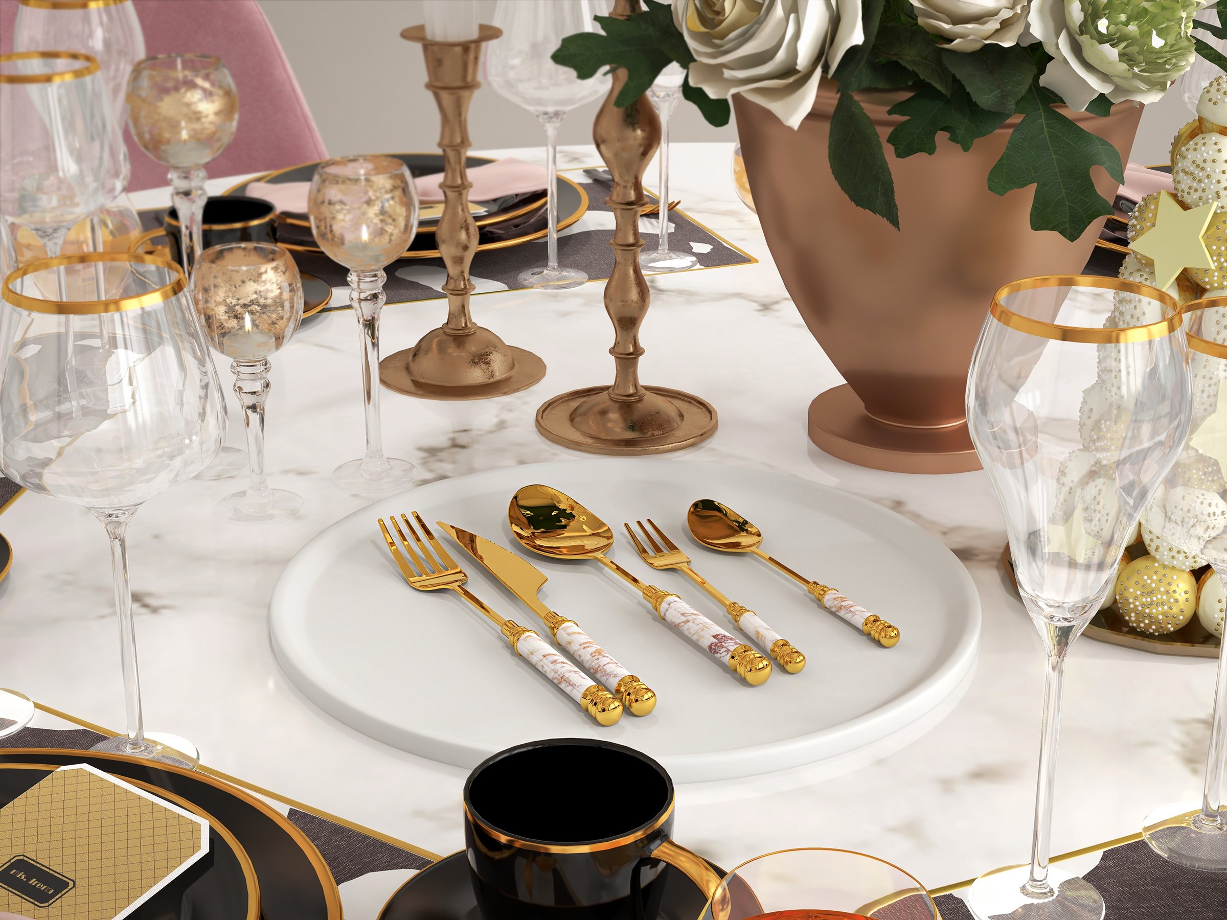 HMR - 60 Pieces Stainless Steel Flatware Set with Ceramic Coated Handle, Service for 12