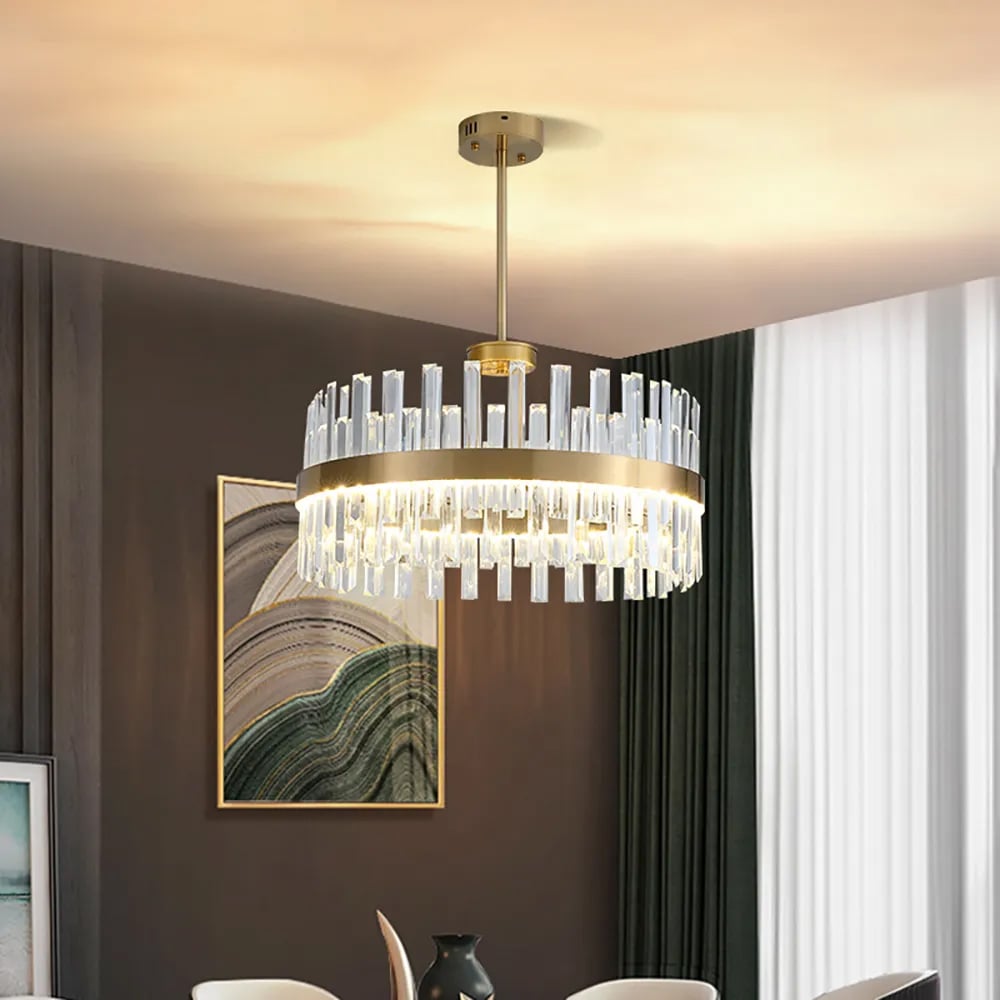 HMR - Bstack Modern Crystal Stripe Chandelier with Round Frame in Brass