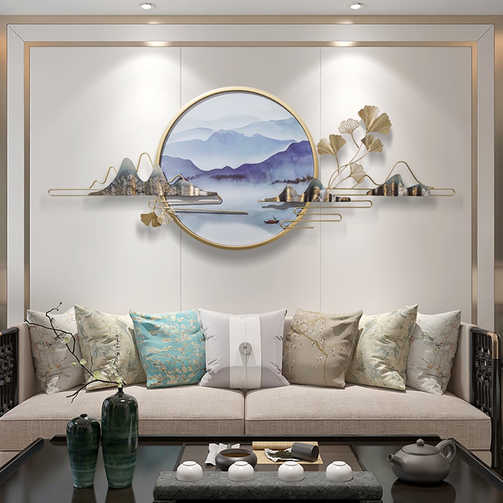 HMR - Modern Ginkgo Leaves Metal Wall Decor Gold & Blue with Landscape Patterns Living Room