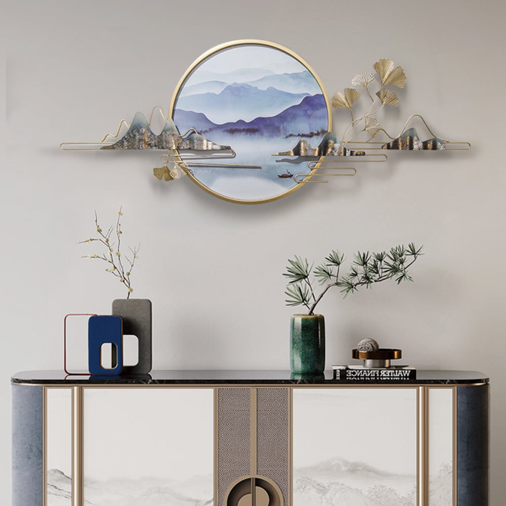 HMR - Modern Ginkgo Leaves Metal Wall Decor Gold & Blue with Landscape Patterns Living Room