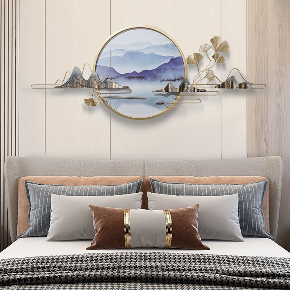 HMR - Modern Ginkgo Leaves Metal Wall Decor Gold & Blue with Landscape Patterns Living Room