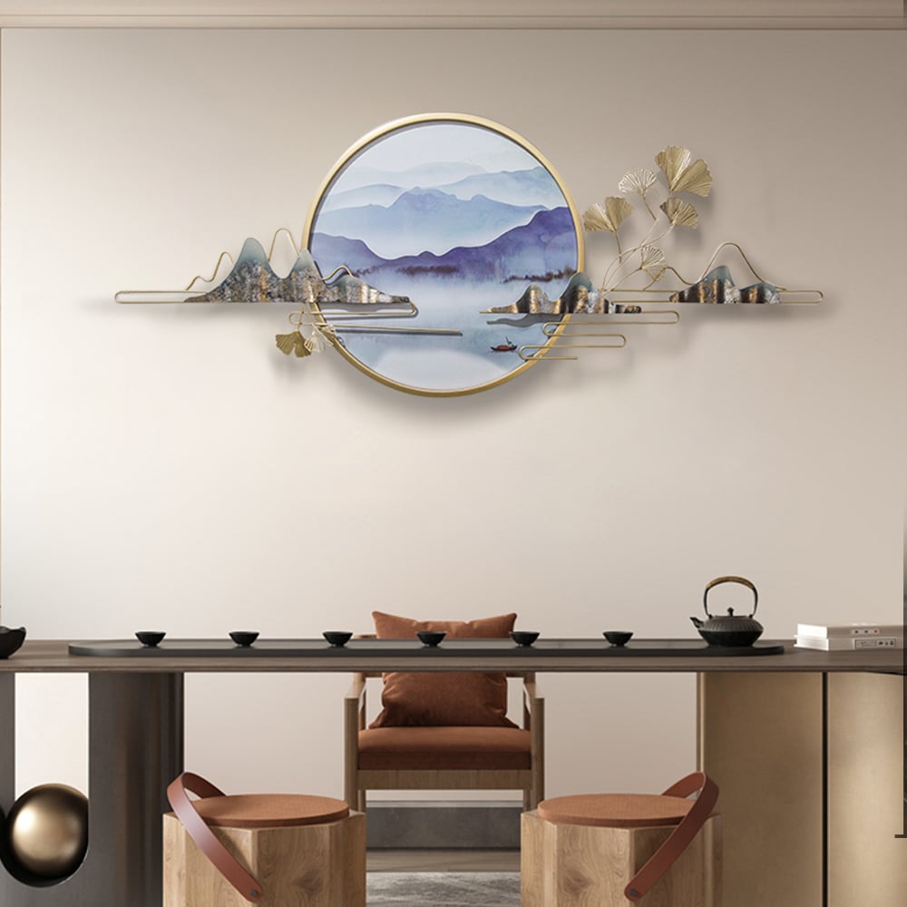 HMR - Modern Ginkgo Leaves Metal Wall Decor Gold & Blue with Landscape Patterns Living Room