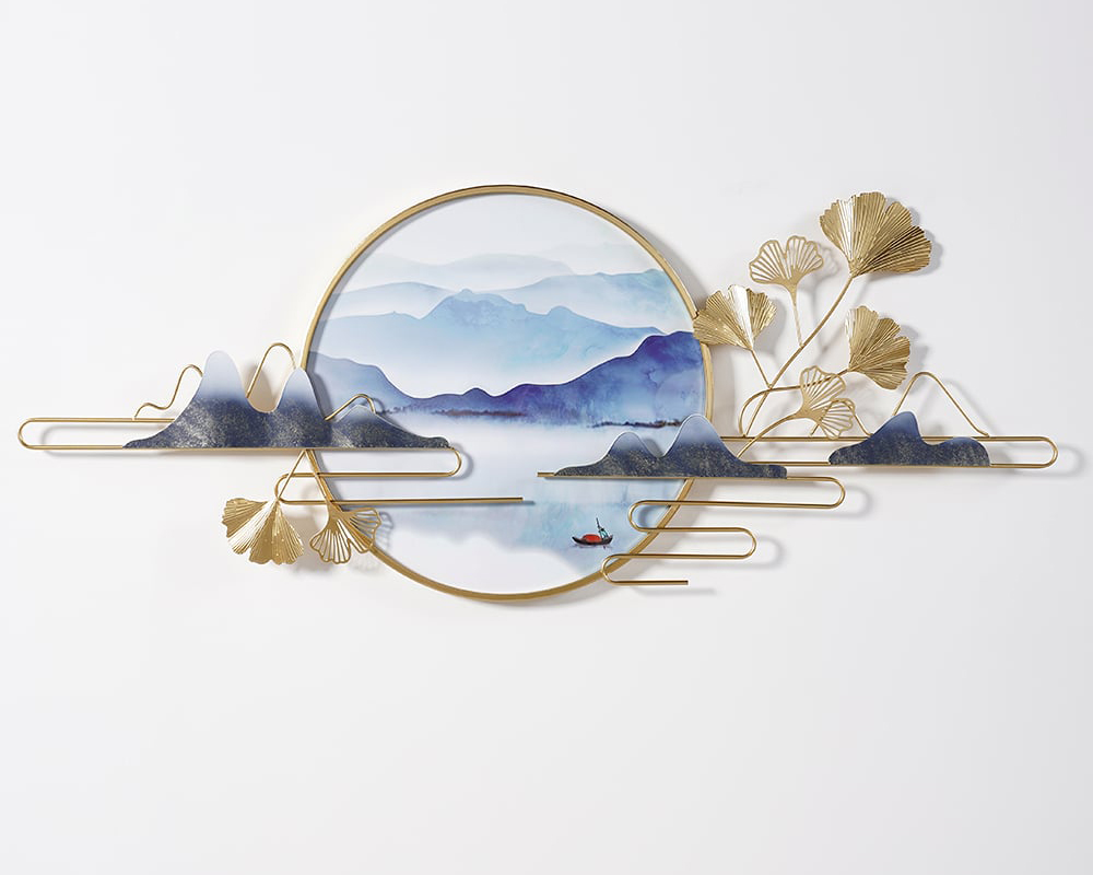 HMR - Modern Ginkgo Leaves Metal Wall Decor Gold & Blue with Landscape Patterns Living Room