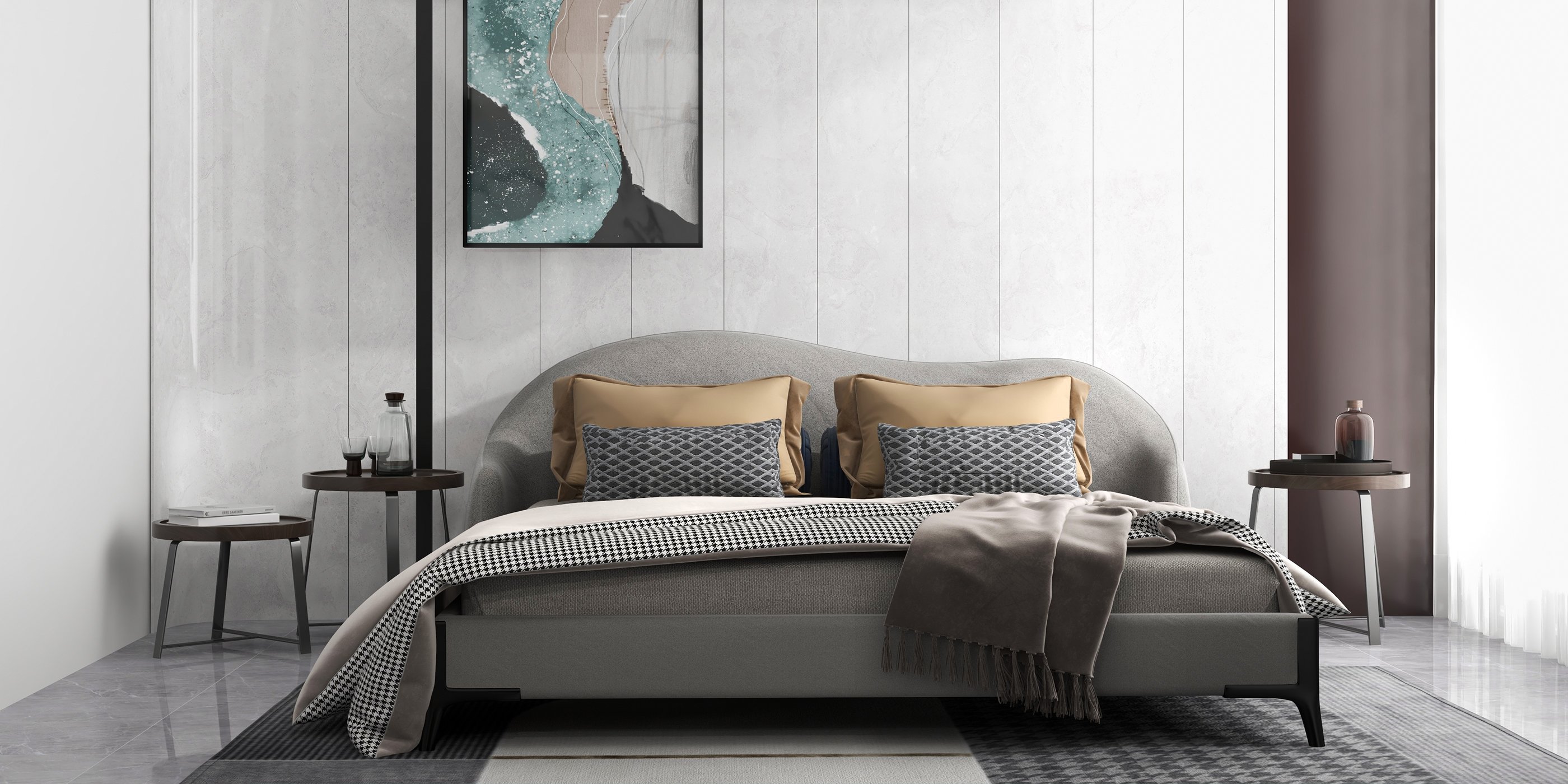 HMR - Queen Size Velvet Upholstered Bed Frame with Low Profile Wingback