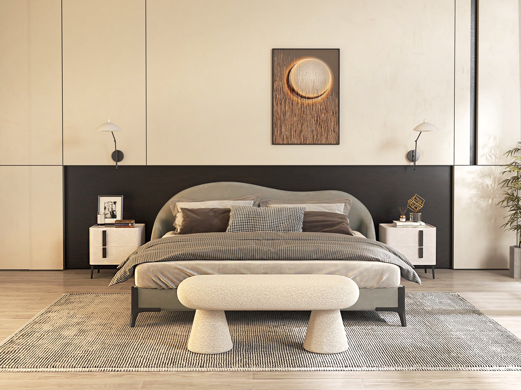 HMR - Queen Size Velvet Upholstered Bed Frame with Low Profile Wingback