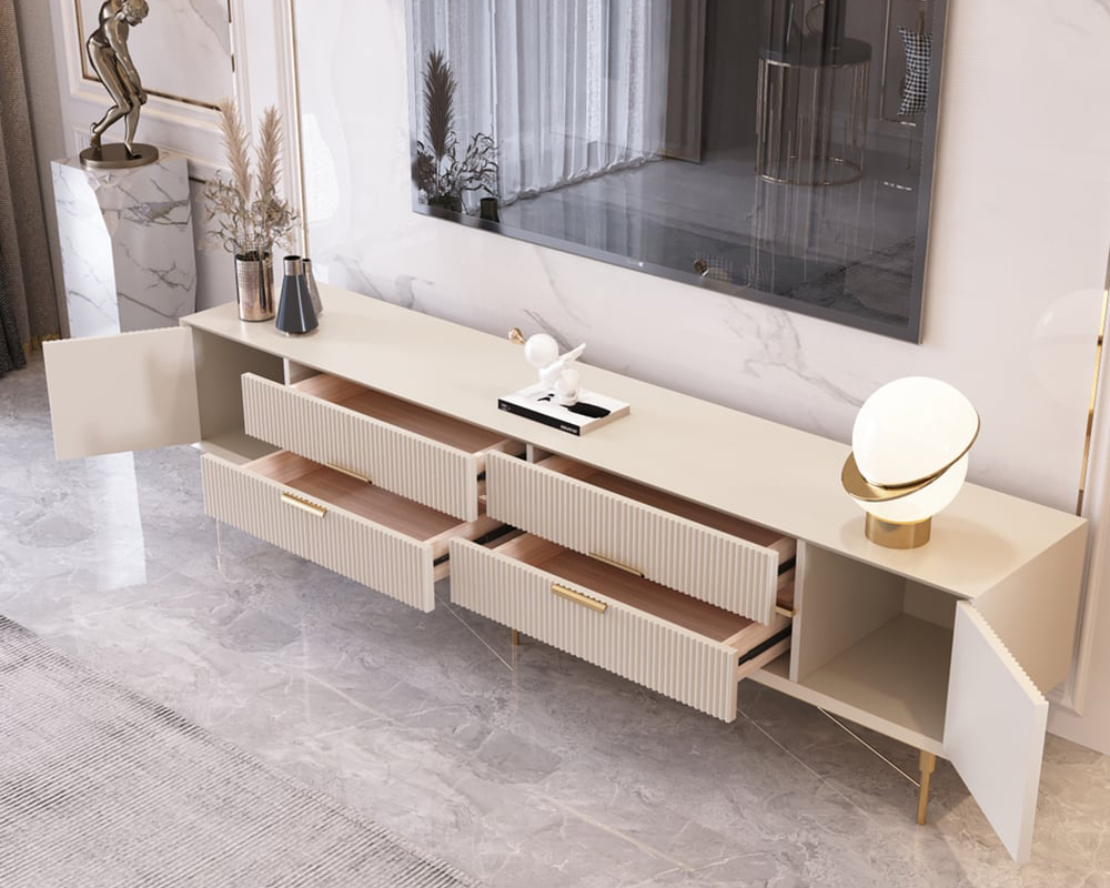HMR Modern Rectangle TV Stand Media Console for 85" TVs with 4 Drawers & Doors MDF - Off-White, 86.6"