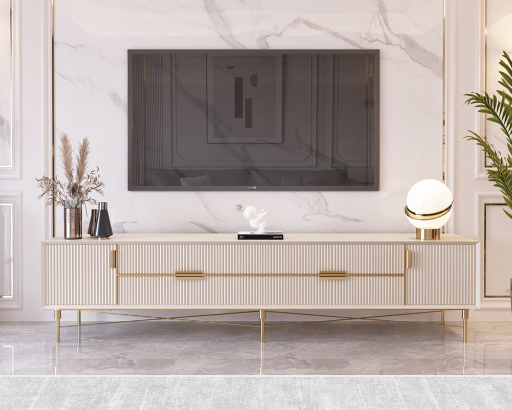 HMR Modern Rectangle TV Stand Media Console for 85" TVs with 4 Drawers & Doors MDF - Off-White, 86.6"