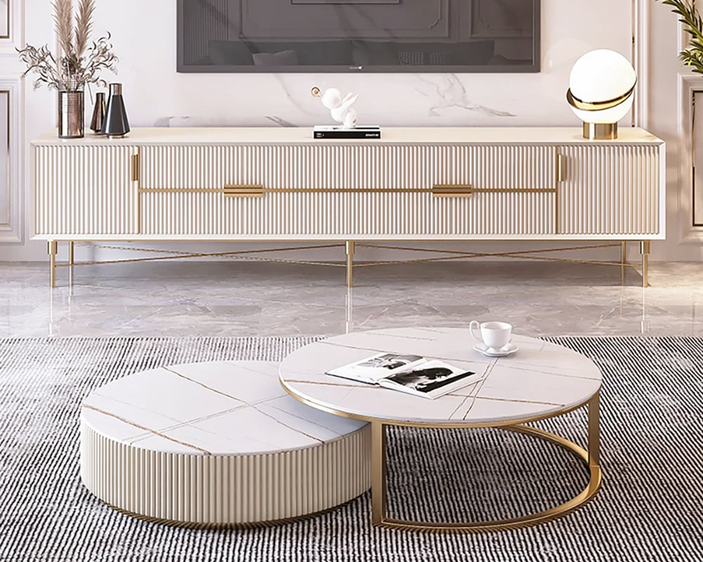 HMR Modern Rectangle TV Stand Media Console for 85" TVs with 4 Drawers & Doors MDF - Off-White, 86.6"