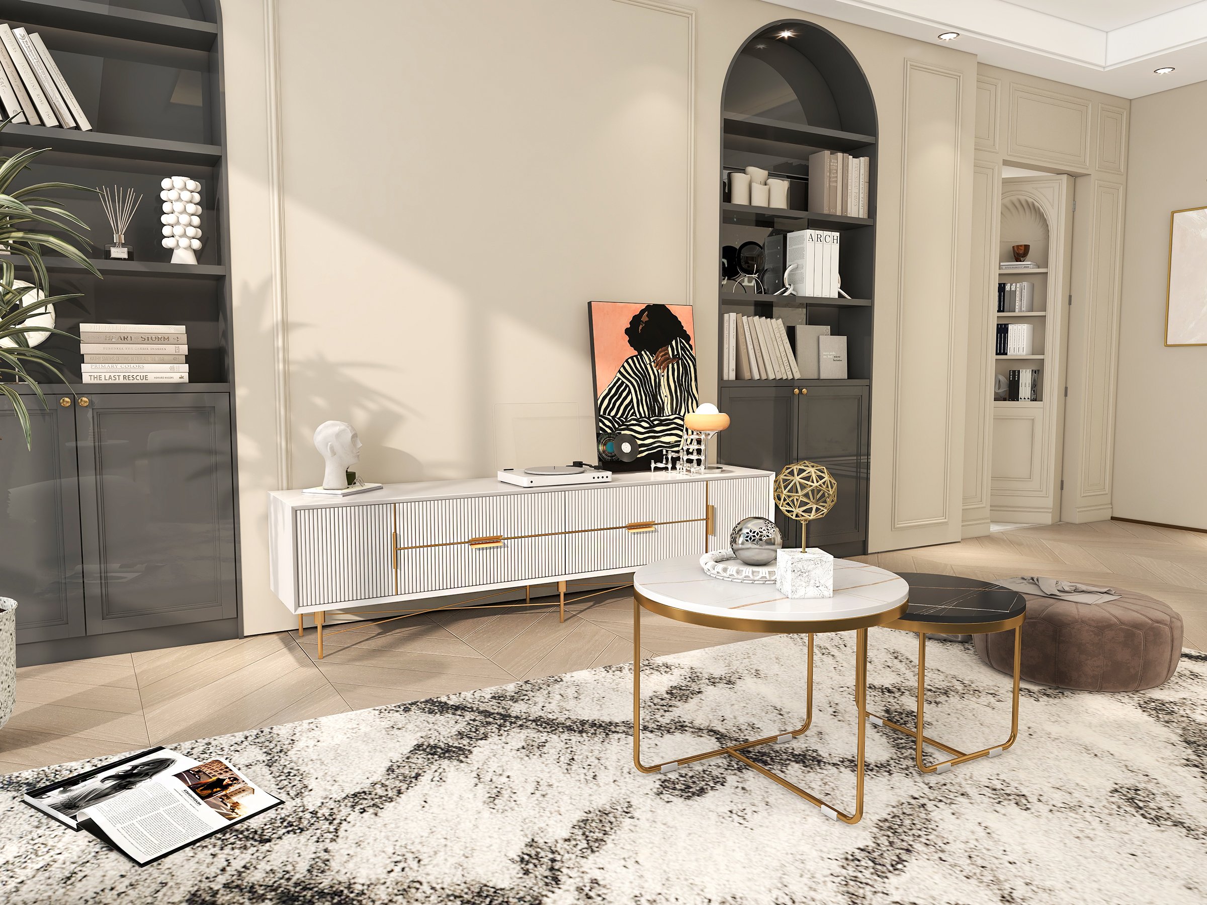 HMR Modern Rectangle TV Stand Media Console for 85" TVs with 4 Drawers & Doors MDF - Off-White, 86.6"