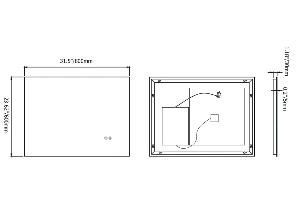 HMR - 32" x 24" Rectangular Wall Mounted LED Bathroom Vanity Mirror Anti-Fog Frameless Backlit