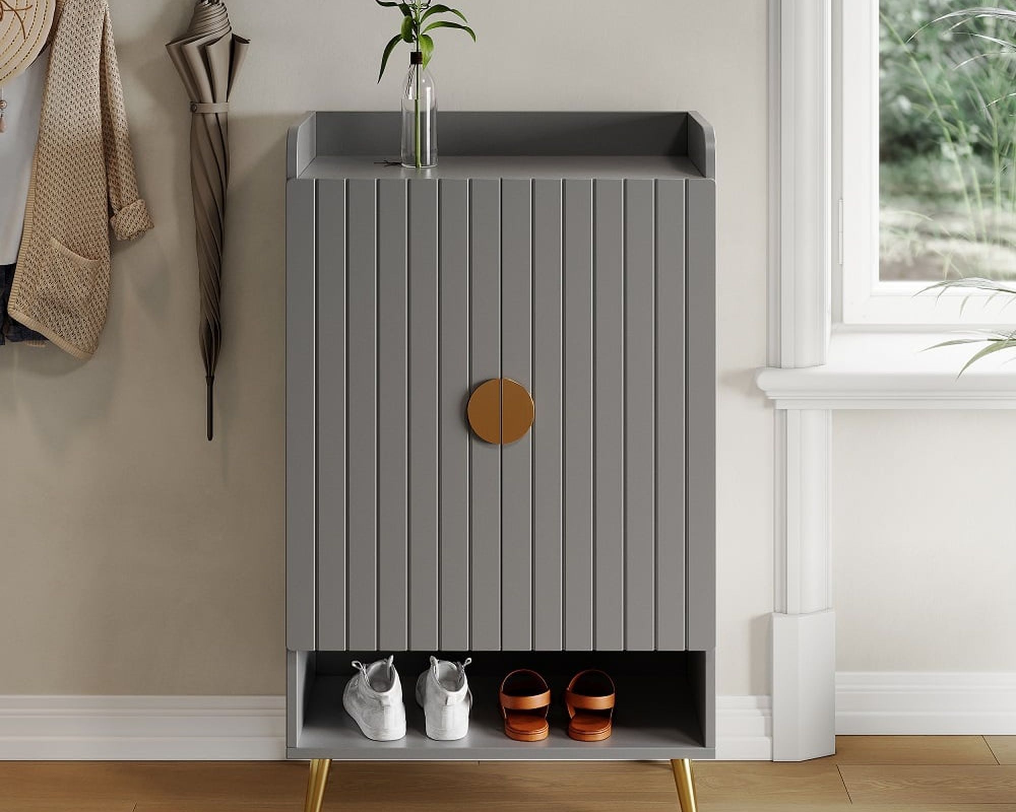 HMR Yellar Nordic Entryway Shoe Cabinet with Doors & Open Shelves - Gray, 23.6" (5 Shelves)