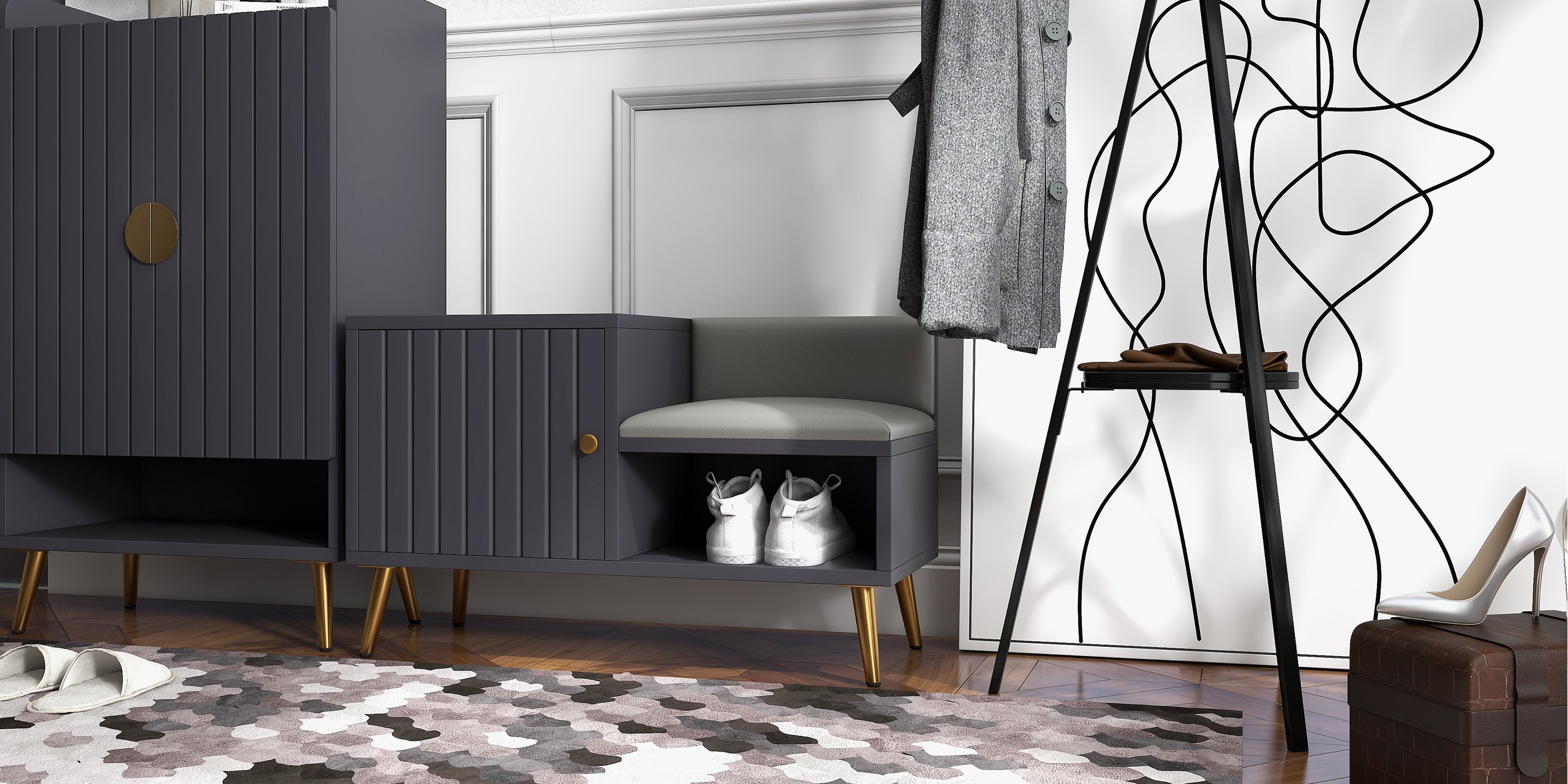 HMR Yellar Nordic Entryway Shoe Cabinet with Doors & Open Shelves - Gray, 23.6" (5 Shelves)