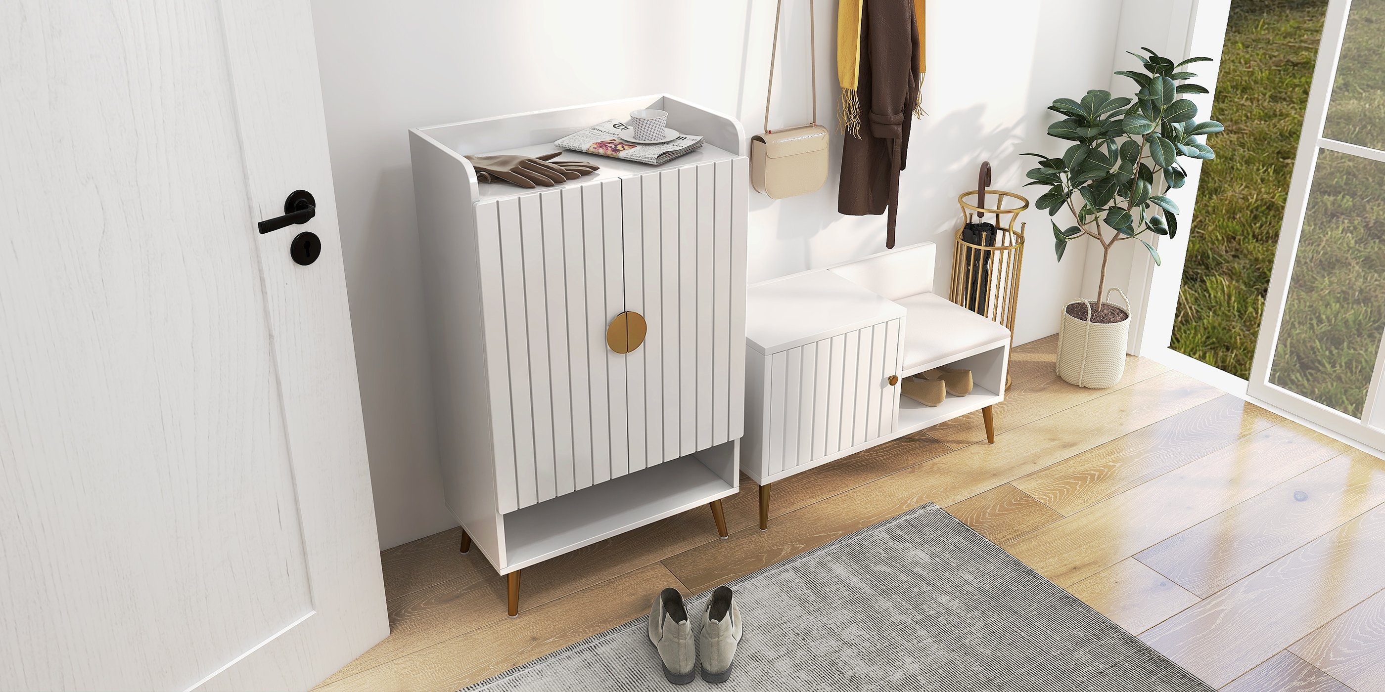 HMR Yellar Nordic Entryway Shoe Cabinet with Doors & Open Shelves - White, 23.6" (5 Shelves)