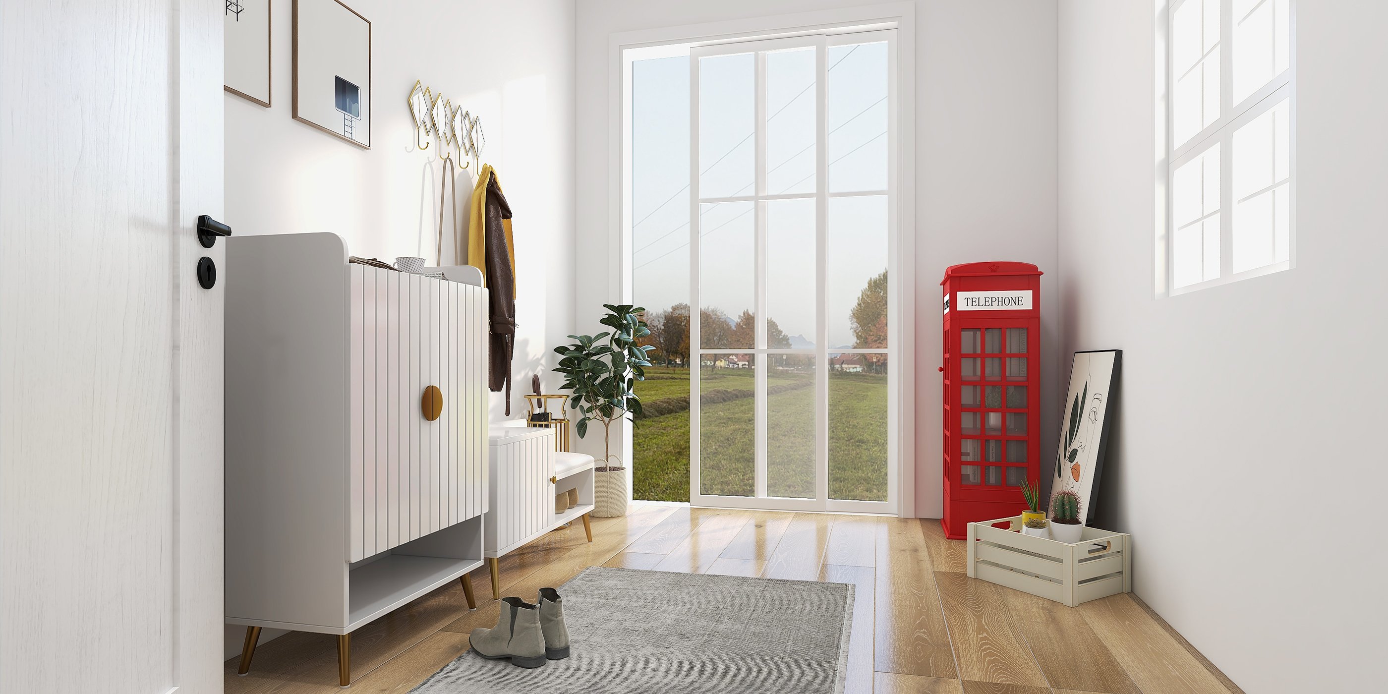 HMR Yellar Nordic Entryway Shoe Cabinet with Doors & Open Shelves - White, 23.6" (5 Shelves)