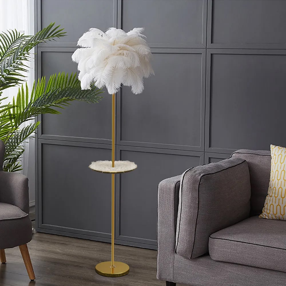 HMR Loftus Art Deco Rose Gold Floor Lamp with Feather Shade Tree Standing Lamp - White, With Shelf
