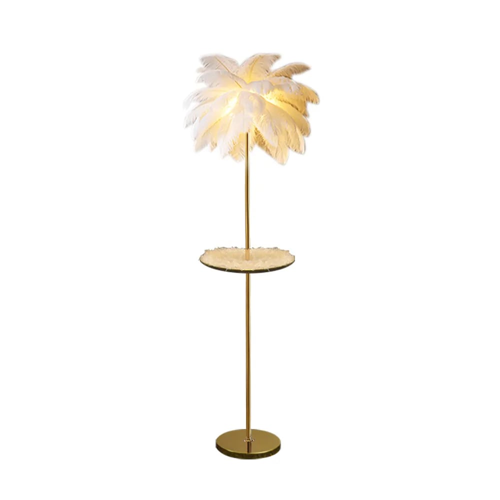 HMR Loftus Art Deco Rose Gold Floor Lamp with Feather Shade Tree Standing Lamp - White, With Shelf
